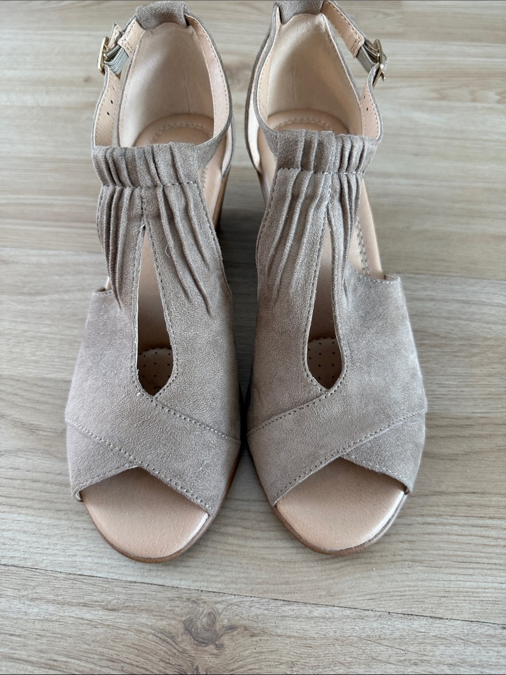 Suede Open-Toe T-Strap Heels in Taupe